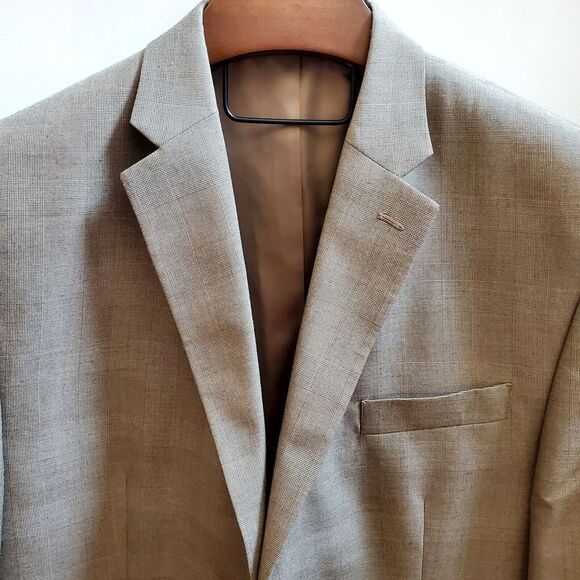 CHAPS Blazer Sport Coat 46R Classic Plaid Taupe & Black Blend Poly/Rayon Lined - Picture 4 of 16